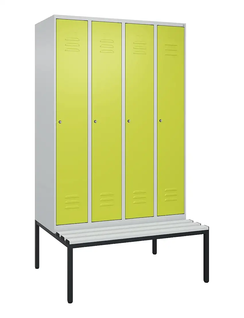 C+P Spind Classic PLUS mit untergebauter Sitzbank aus Kunststoff | 4 Abteile | HxBxT 212x120x81,5cm | Zylinderschloss | Stahl | Lichtgrau/Clowngrün