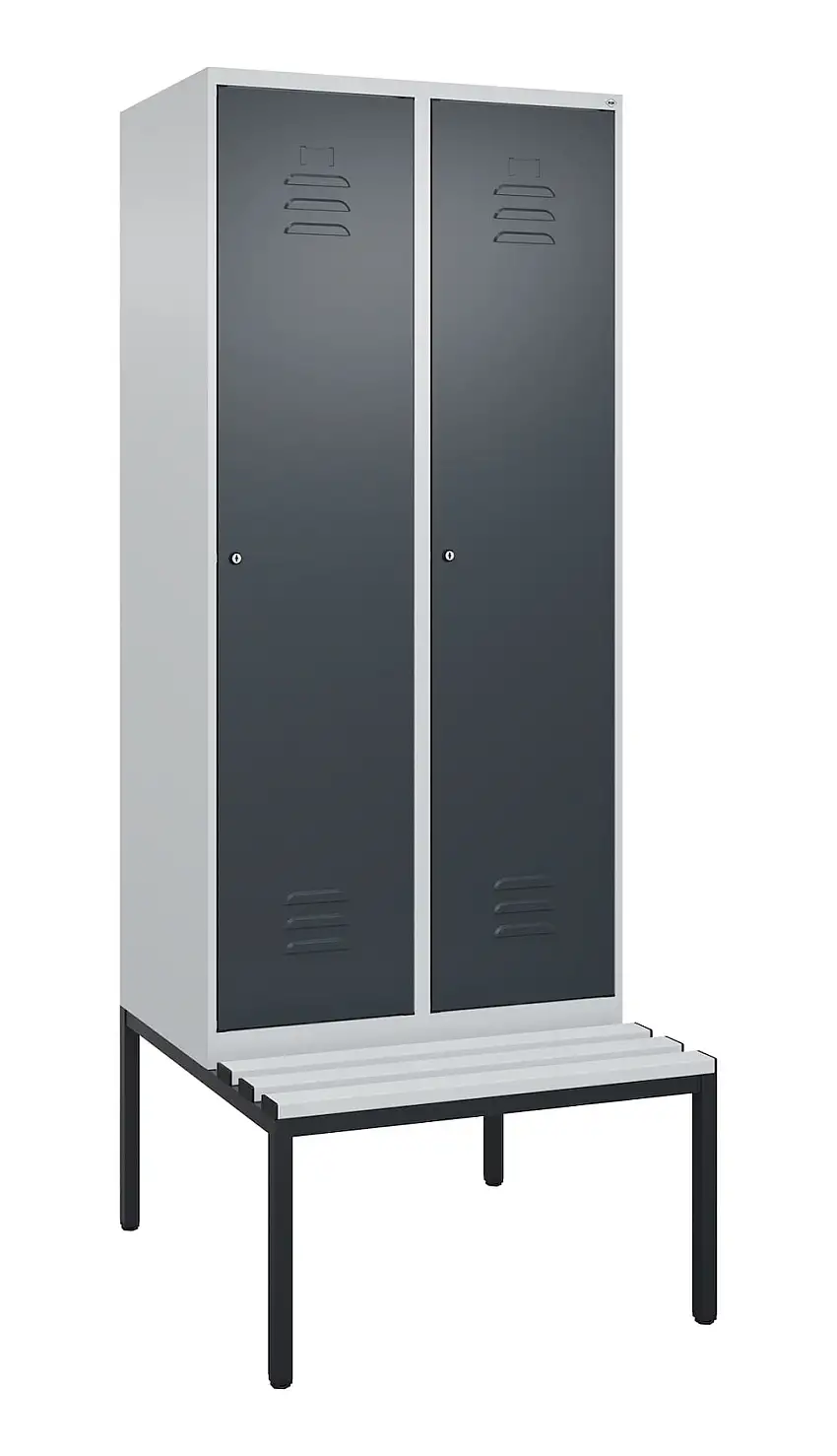 C+P Spind Classic PLUS mit untergebauter Sitzbank aus Kunststoff | 2 Abteile mit Mitteltrennwand | HxBxT 212x80x81,5cm | Zylinderschloss | Stahl | Lichtgrau/Anthrazitgrau