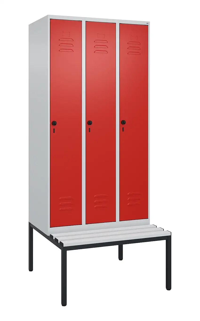 C+P Spind Classic PLUS mit untergebauter Sitzbank aus Kunststoff | 3 Abteile mit Mitteltrennwand | HxBxT 212x90x81,5cm | Sicherheits-Drehriegel | Stahl | Lichtgrau/Verkehrsrot
