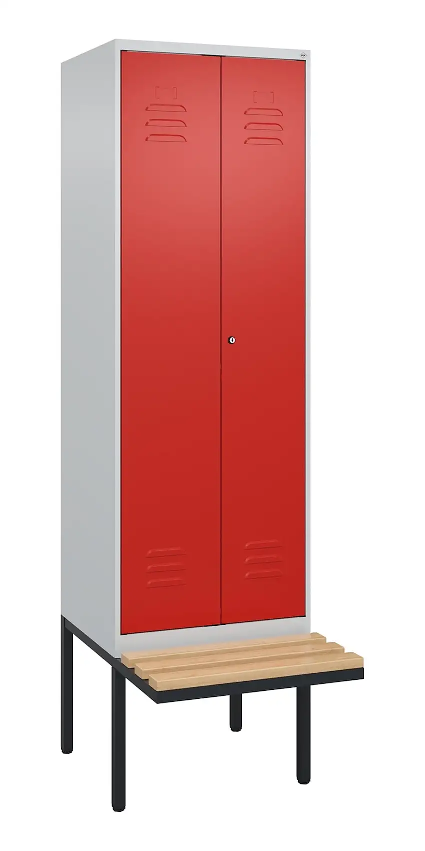 C+P Doppel-Spind Classic PLUS mit schwebender Sitzbank aus Buche-Hartholz | 2 Abteile | HxBxT 212x60x81,5cm | Zylinderschloss | Stahl | Lichtgrau/Verkehrsrot