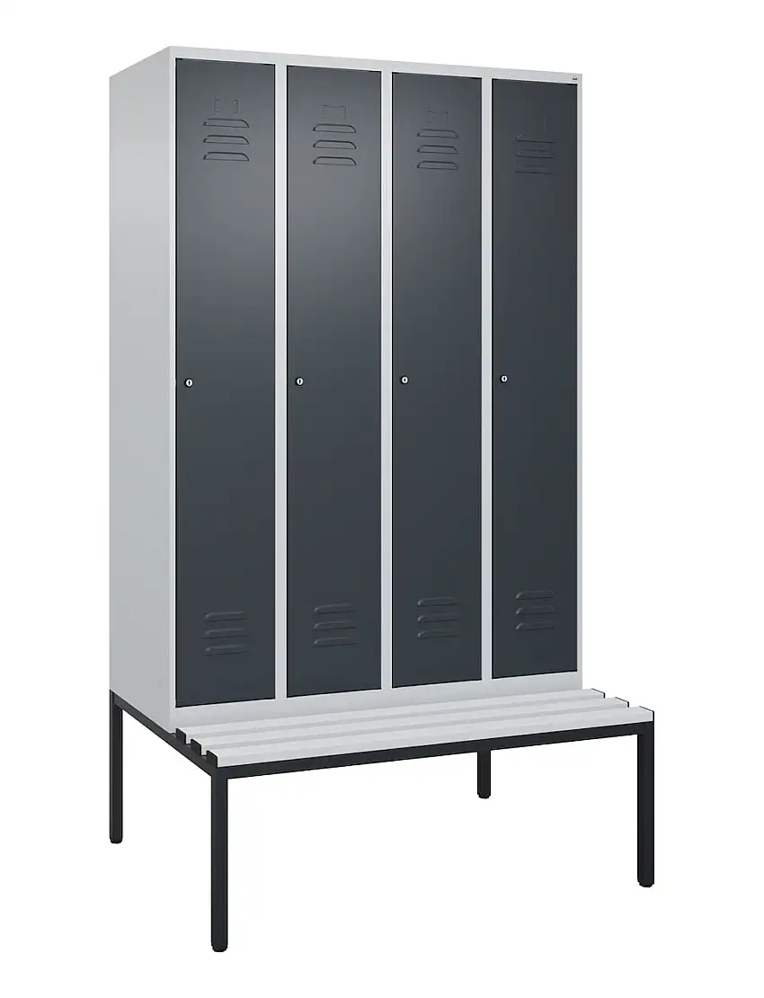C+P Spind Classic PLUS mit untergebauter Sitzbank aus Kunststoff | 4 Abteile | HxBxT 212x120x81,5cm | Zylinderschloss | Stahl | Lichtgrau/Anthrazitgrau