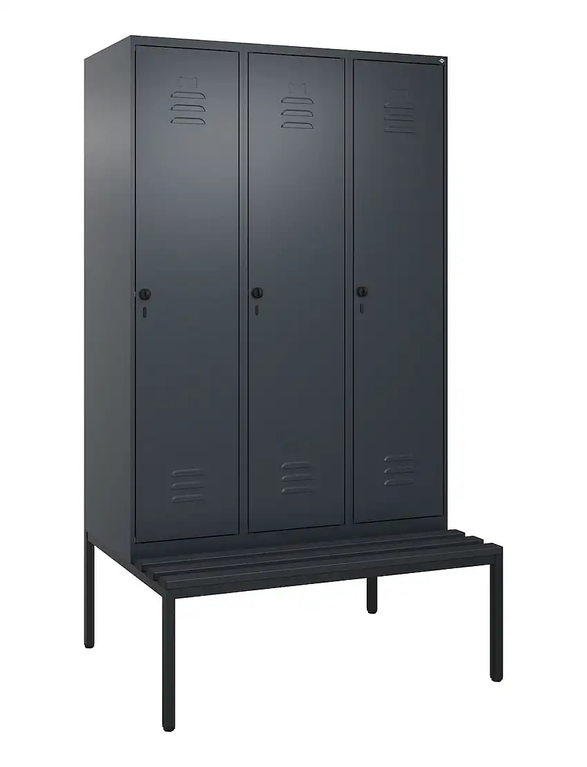 C+P Spind Classic PLUS mit untergebauter Sitzbank aus Kunststoff | 3 Abteile | HxBxT 212x120x81,5cm | Sicherheits-Drehriegel | Stahl | Anthrazitgrau/Anthrazitgrau