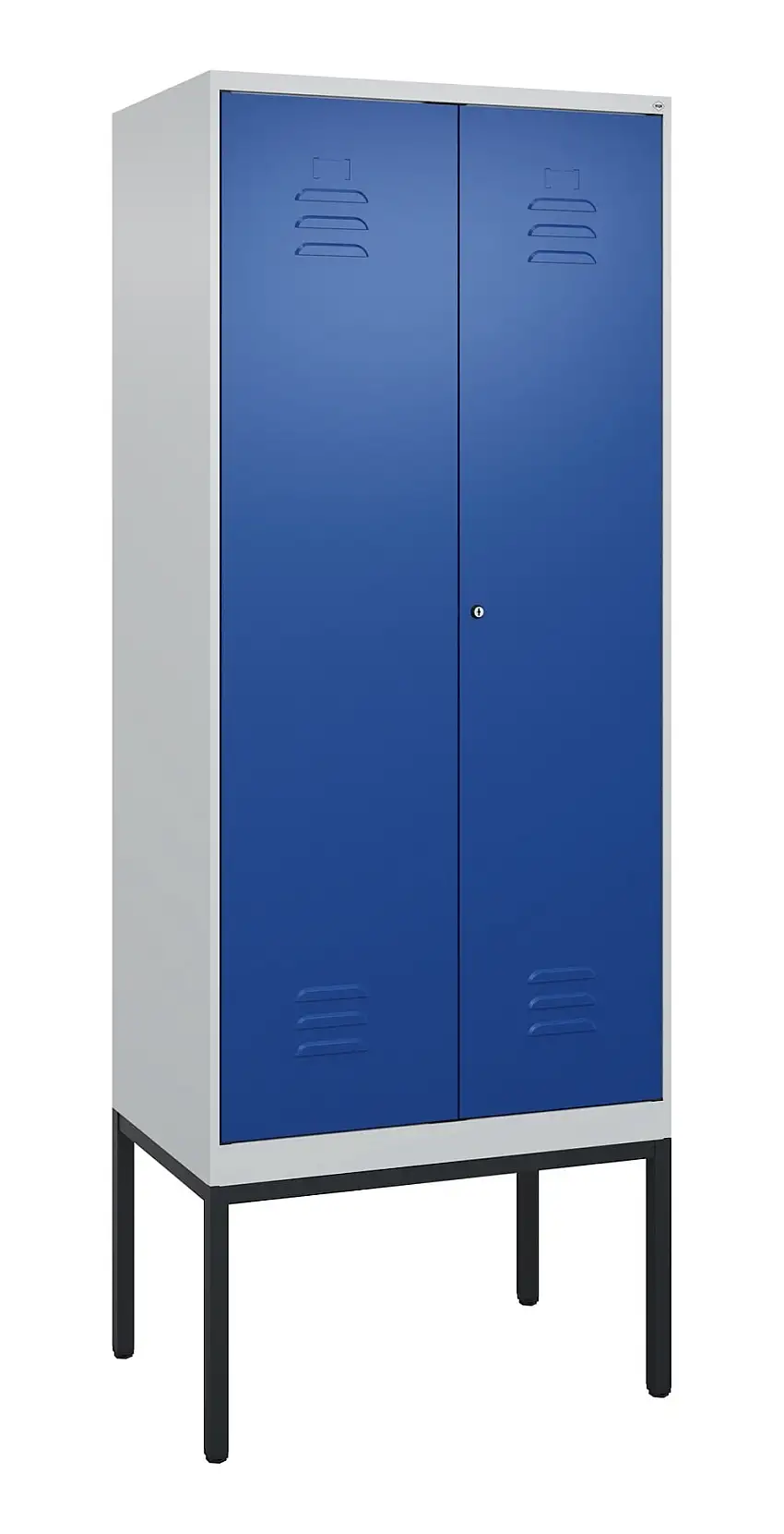 C+P Doppel-Spind Classic PLUS mit Gestell | 2 Abteile mit Trennwand im oberen Fach | HxBxT 212x80x50cm | Zylinderschloss | Stahl | Lichtgrau/Enzianblau