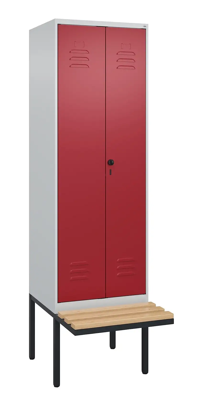 C+P Doppel-Spind Classic PLUS mit schwebender Sitzbank aus Buche-Hartholz | 2 Abteile | HxBxT 212x60x81,5cm | Sicherheits-Drehriegel | Stahl | Lichtgrau/Rubinrot