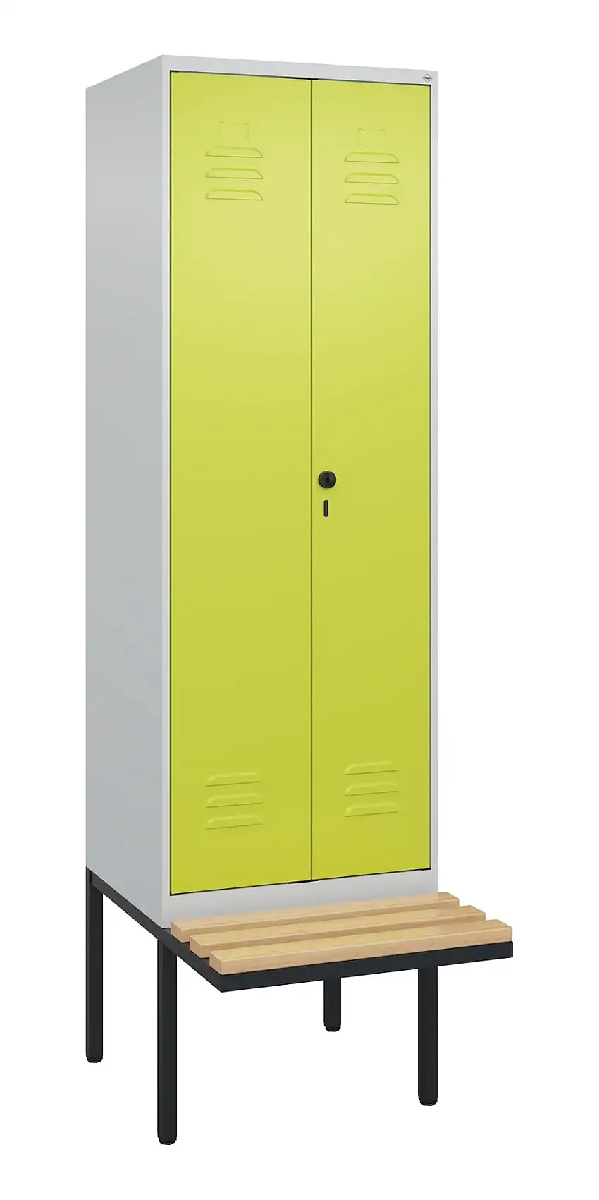 C+P Doppel-Spind Classic PLUS mit schwebender Sitzbank aus Buche-Hartholz | 2 Abteile mit Trennwand im oberen Fach | HxBxT 212x60x81,5cm | Sicherheits-Drehriegel | Stahl | Lichtgrau/Clowngrün