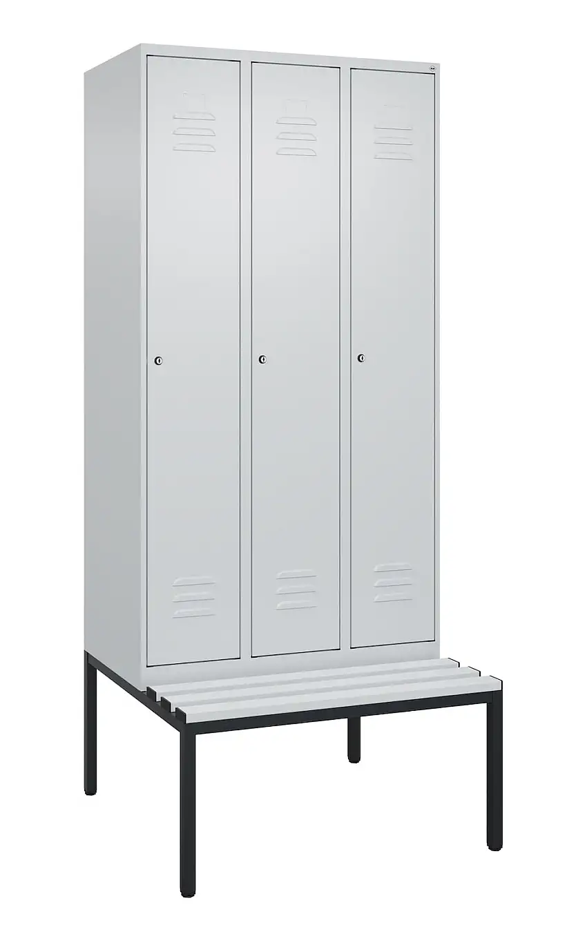 C+P Spind Classic PLUS mit untergebauter Sitzbank aus Kunststoff | 3 Abteile mit Mitteltrennwand | HxBxT 212x90x81,5cm | Zylinderschloss | Stahl | Lichtgrau/Lichtgrau
