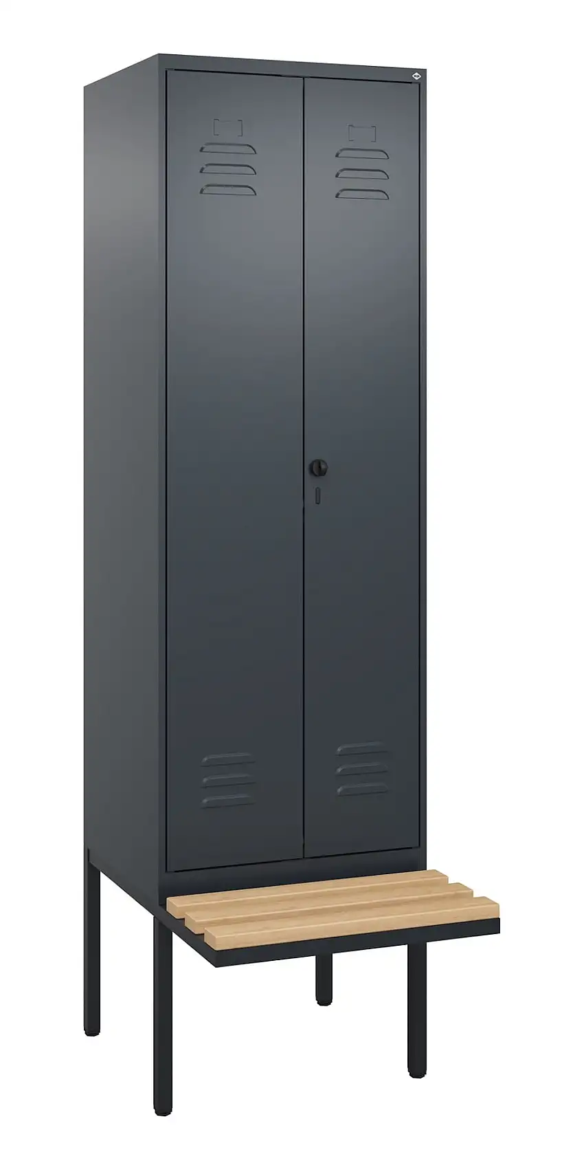 C+P Doppel-Spind Classic PLUS mit schwebender Sitzbank aus Buche-Hartholz | 2 Abteile | HxBxT 212x60x81,5cm | Sicherheits-Drehriegel | Stahl | Anthrazitgrau/Anthrazitgrau