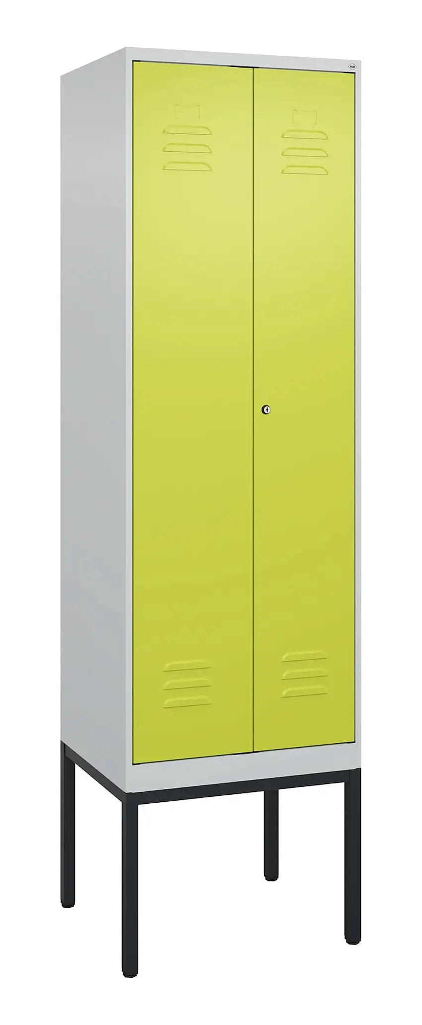C+P Doppel-Spind Classic PLUS mit Gestell | 2 Abteile mit Trennwand im oberen Fach | HxBxT 212x60x50cm | Zylinderschloss | Stahl | Lichtgrau/Viridingrün