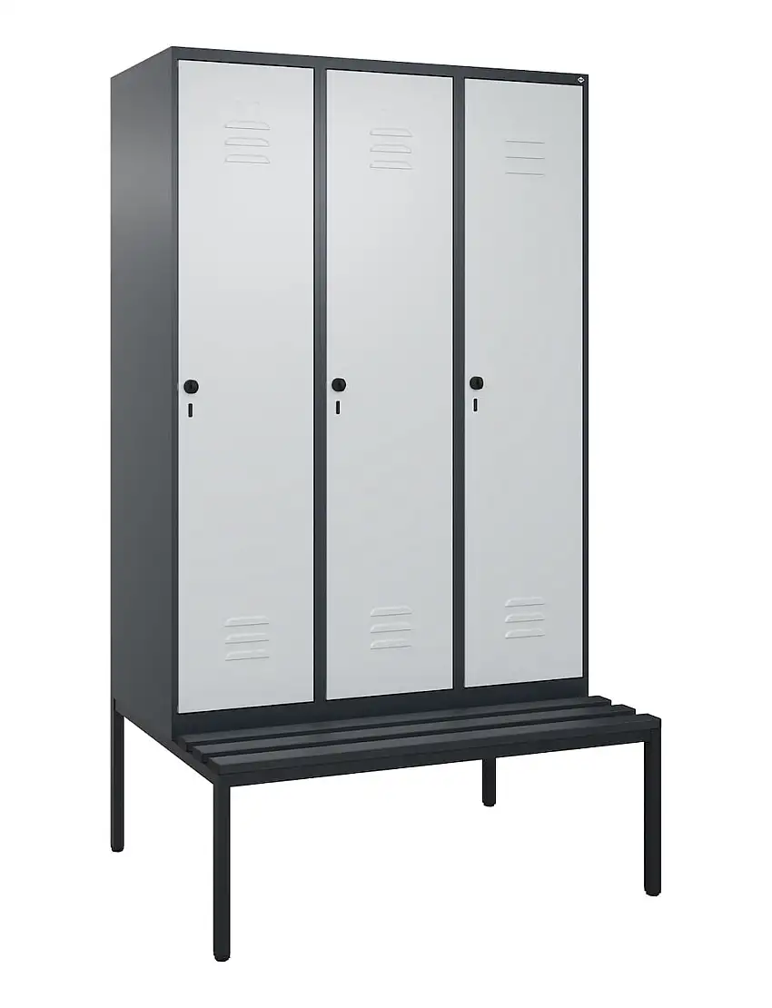 C+P Spind Classic PLUS mit untergebauter Sitzbank aus Kunststoff | 3 Abteile mit Mitteltrennwand | HxBxT 212x120x81,5cm | Sicherheits-Drehriegel | Stahl | Anthrazitgrau/Lichtgrau