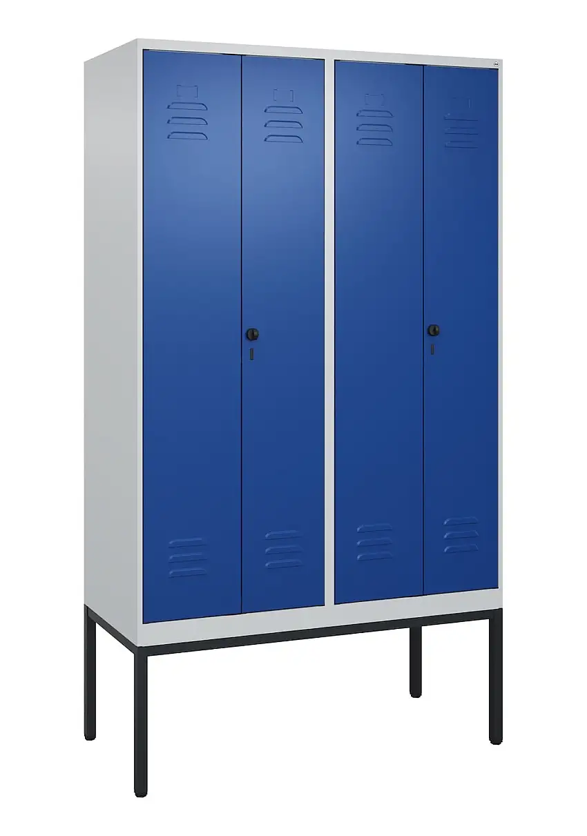 C+P Doppel-Spind Classic PLUS mit Gestell | 4 Abteile mit Trennwand im oberen Fach | HxBxT 212x120x50cm | Sicherheits-Drehriegel | Stahl | Lichtgrau/Enzianblau