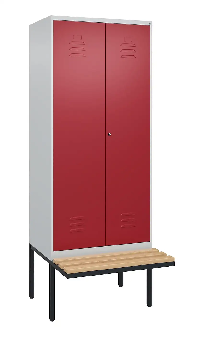C+P Doppel-Spind Classic PLUS mit schwebender Sitzbank aus Buche-Hartholz | 2 Abteile | HxBxT 212x80x81,5cm | Zylinderschloss | Stahl | Lichtgrau/Rubinrot