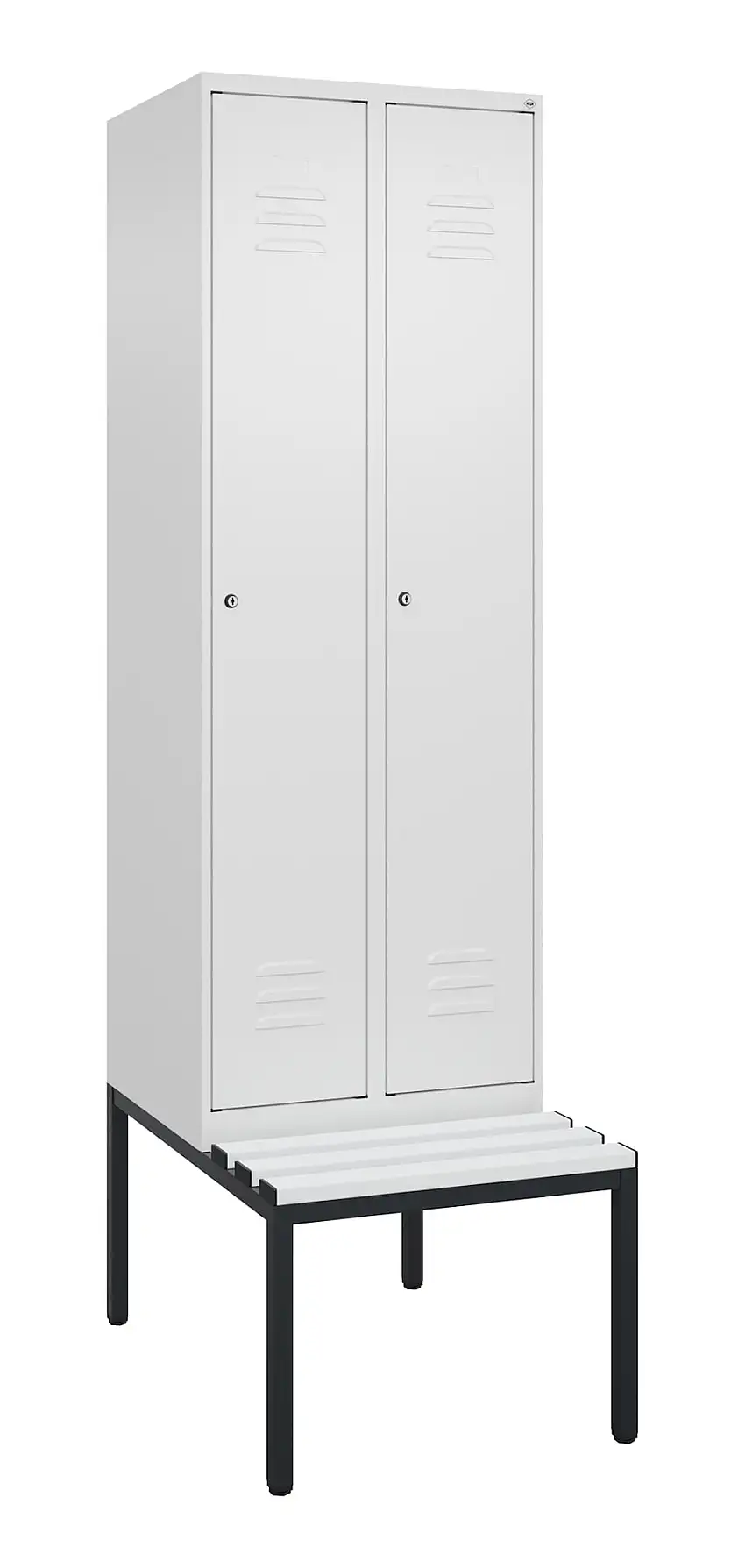 C+P Spind Classic PLUS mit untergebauter Sitzbank aus Kunststoff | 2 Abteile mit Mitteltrennwand | HxBxT 212x60x81,5cm | Zylinderschloss | Stahl | Verkehrsweiß/Verkehrsweiß
