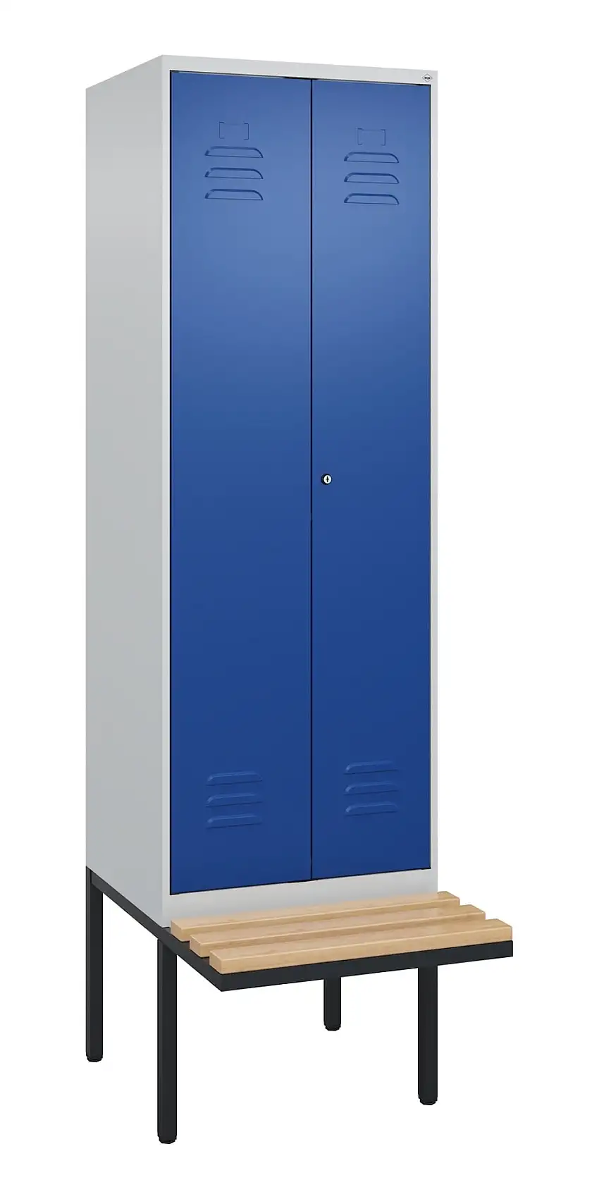 C+P Doppel-Spind Classic PLUS mit schwebender Sitzbank aus Buche-Hartholz | 2 Abteile | HxBxT 212x60x81,5cm | Zylinderschloss | Stahl | Lichtgrau/Enzianblau