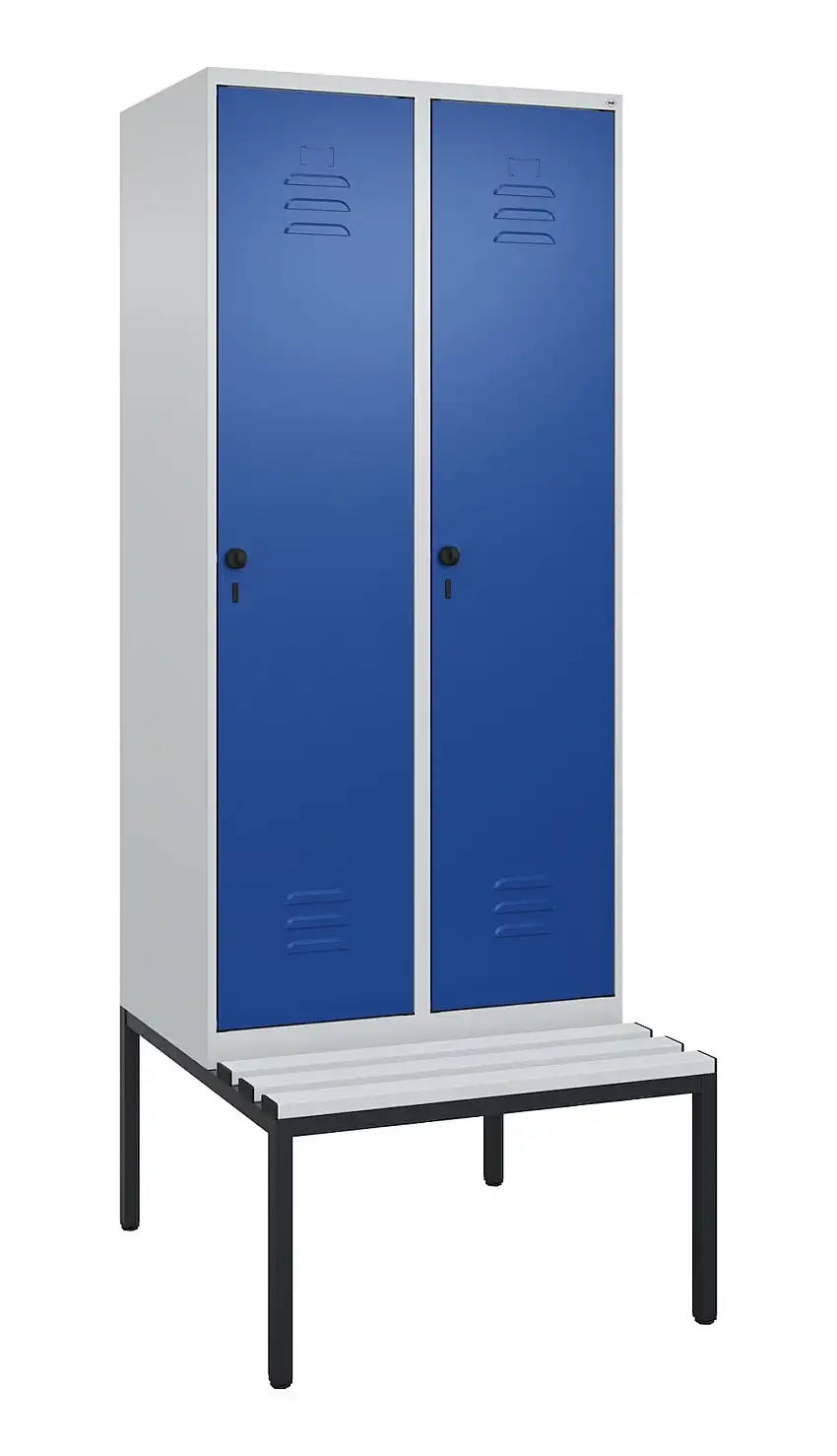 C+P Spind Classic PLUS mit untergebauter Sitzbank aus Kunststoff | 2 Abteile mit Mitteltrennwand | HxBxT 212x80x81,5cm | Sicherheits-Drehriegel | Stahl | Lichtgrau/Enzianblau