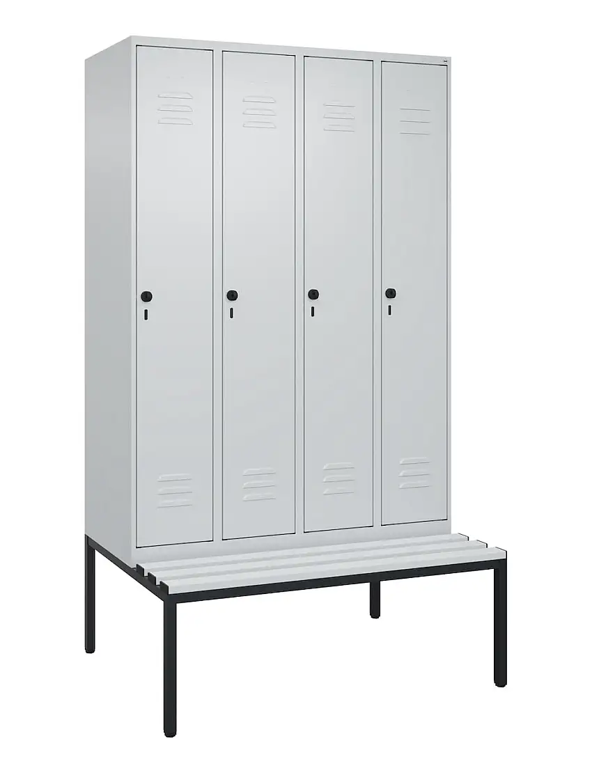 C+P Spind Classic PLUS mit untergebauter Sitzbank aus Kunststoff | 4 Abteile mit Mitteltrennwand | HxBxT 212x120x81,5cm | Sicherheits-Drehriegel | Stahl | Lichtgrau/Lichtgrau
