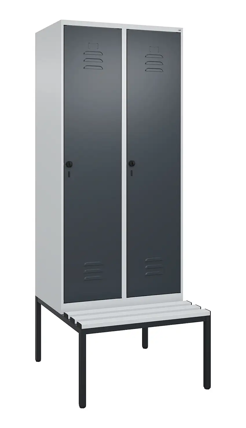 C+P Spind Classic PLUS mit untergebauter Sitzbank aus Kunststoff | 2 Abteile mit Mitteltrennwand | HxBxT 212x80x81,5cm | Sicherheits-Drehriegel | Stahl | Lichtgrau/Anthrazitgrau