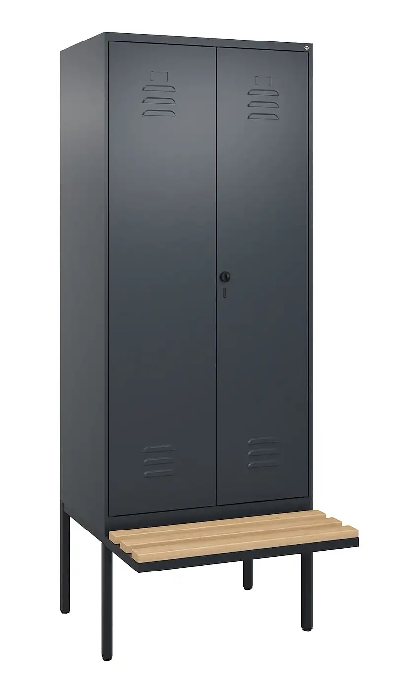 C+P Doppel-Spind Classic PLUS mit schwebender Sitzbank aus Buche-Hartholz | 2 Abteile | HxBxT 212x80x81,5cm | Sicherheits-Drehriegel | Stahl | Anthrazitgrau/Anthrazitgrau
