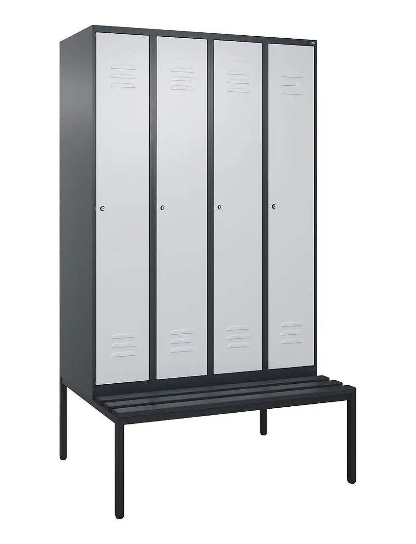 C+P Spind Classic PLUS mit untergebauter Sitzbank aus Kunststoff | 4 Abteile | HxBxT 212x120x81,5cm | Zylinderschloss | Stahl | Anthrazitgrau/Lichtgrau