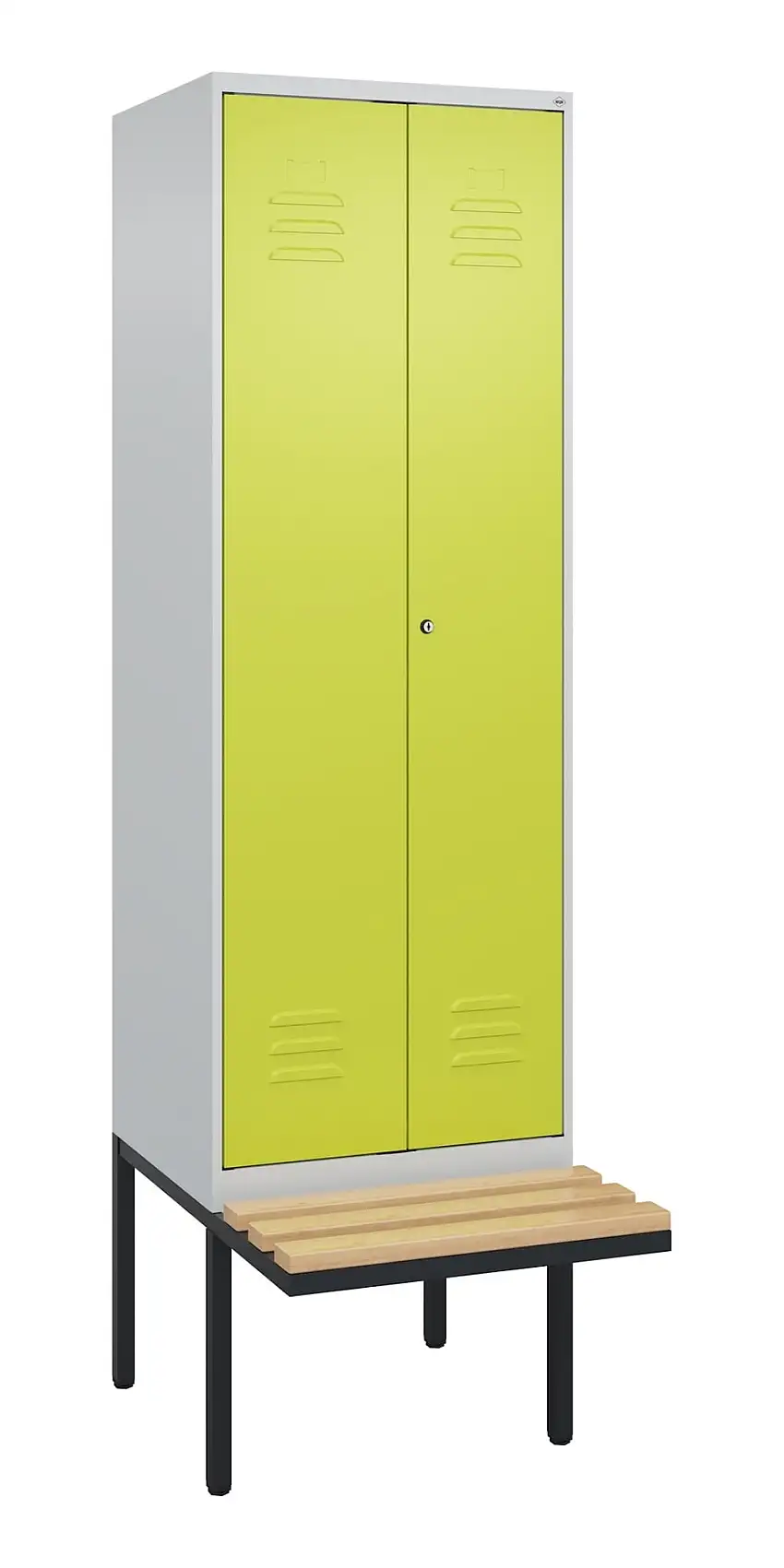C+P Doppel-Spind Classic PLUS mit schwebender Sitzbank aus Buche-Hartholz | 2 Abteile | HxBxT 212x60x81,5cm | Zylinderschloss | Stahl | Lichtgrau/Clowngrün