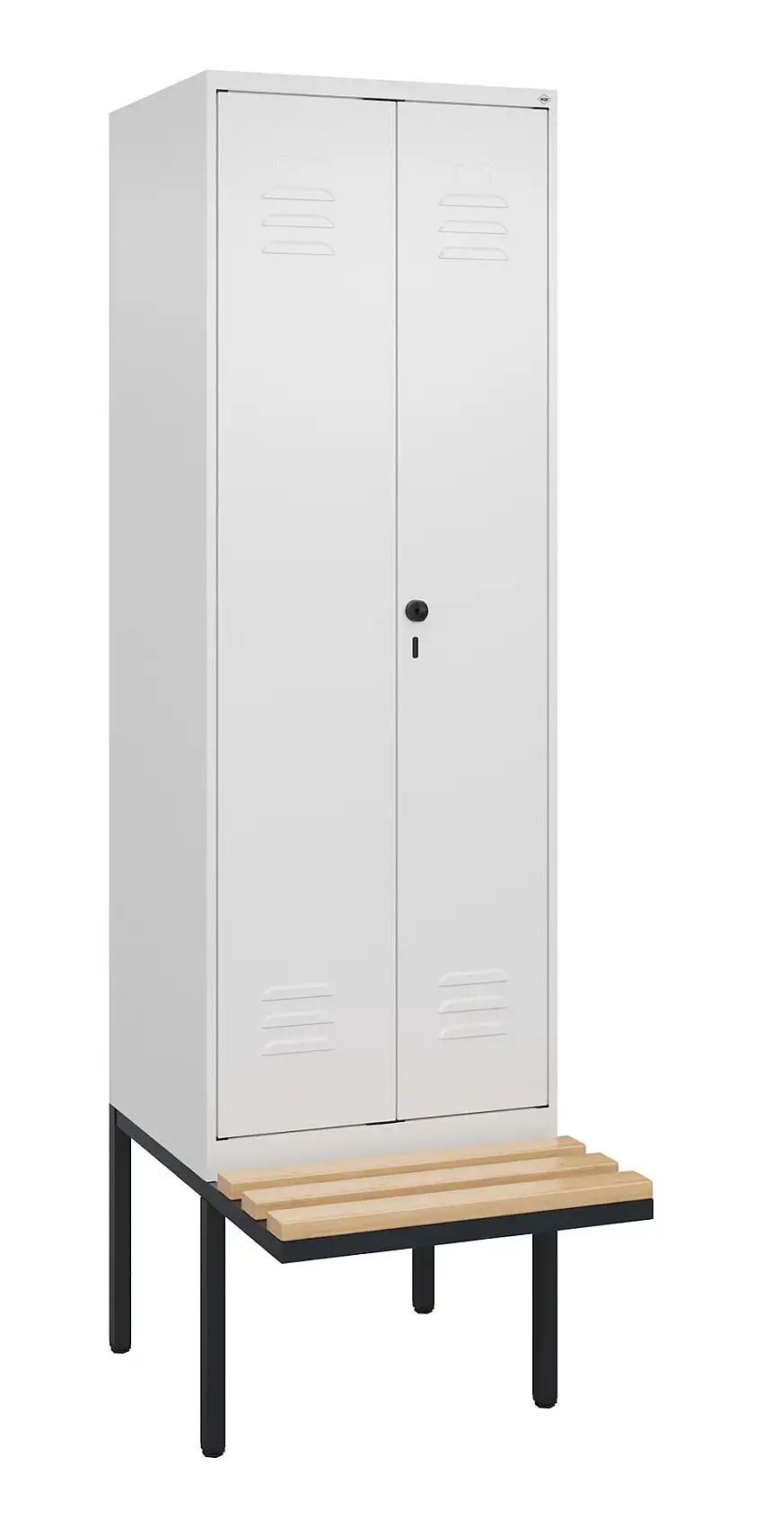 C+P Doppel-Spind Classic PLUS mit schwebender Sitzbank aus Buche-Hartholz | 2 Abteile | HxBxT 212x60x81,5cm | Sicherheits-Drehriegel | Stahl | Verkehrsweiß/Verkehrsweiß