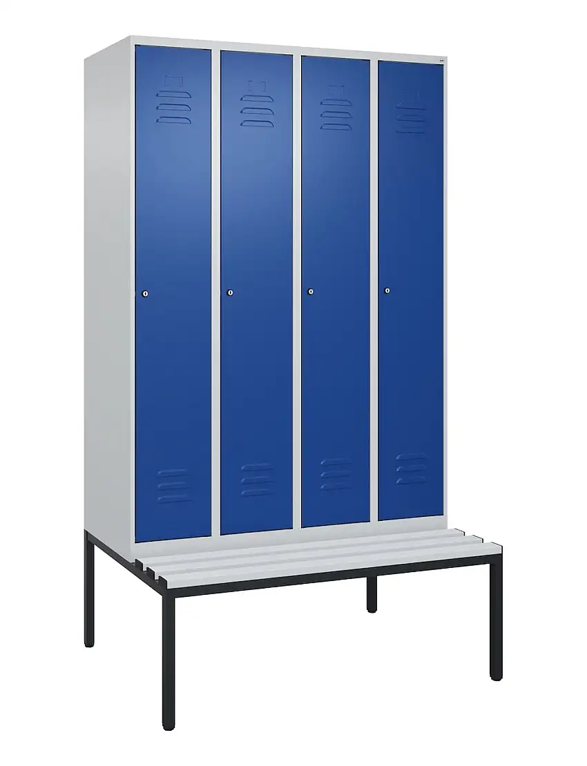 C+P Spind Classic PLUS mit untergebauter Sitzbank aus Kunststoff | 4 Abteile mit Mitteltrennwand | HxBxT 212x120x81,5cm | Zylinderschloss | Stahl | Lichtgrau/Enzianblau