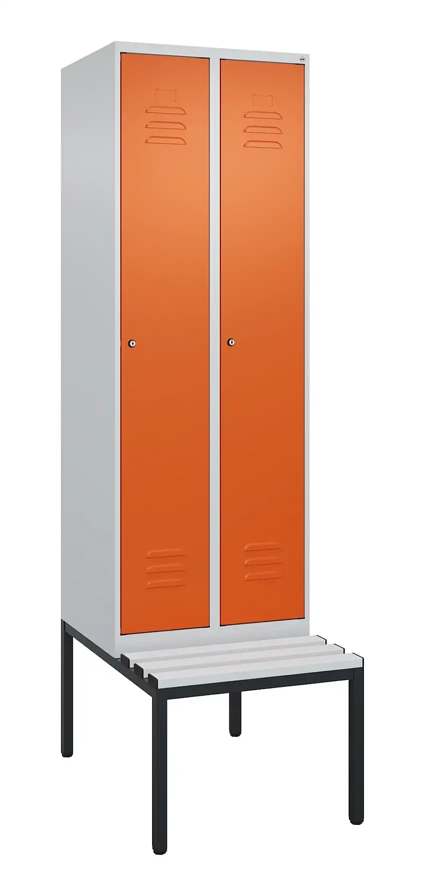 C+P Spind Classic PLUS mit untergebauter Sitzbank aus Kunststoff | 2 Abteile mit Mitteltrennwand | HxBxT 212x60x81,5cm | Zylinderschloss | Stahl | Lichtgrau/Reinorange