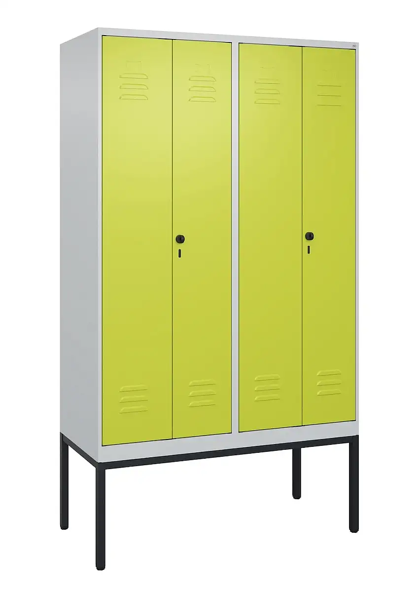 C+P Doppel-Spind Classic PLUS mit Gestell | 4 Abteile mit Trennwand im oberen Fach | HxBxT 212x120x50cm | Sicherheits-Drehriegel | Stahl | Lichtgrau/Viridingrün