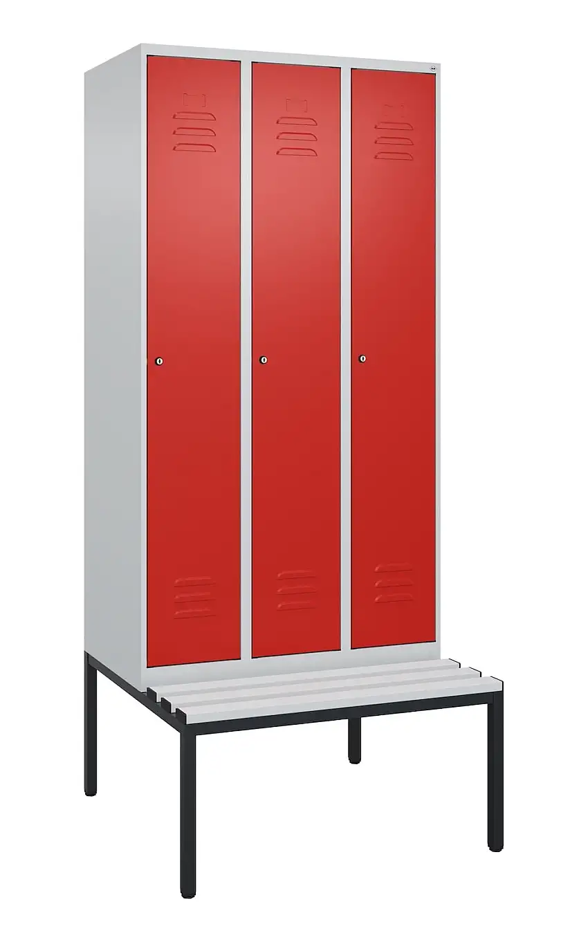 C+P Spind Classic PLUS mit untergebauter Sitzbank aus Kunststoff | 3 Abteile | HxBxT 212x90x81,5cm | Zylinderschloss | Stahl | Lichtgrau/Verkehrsrot