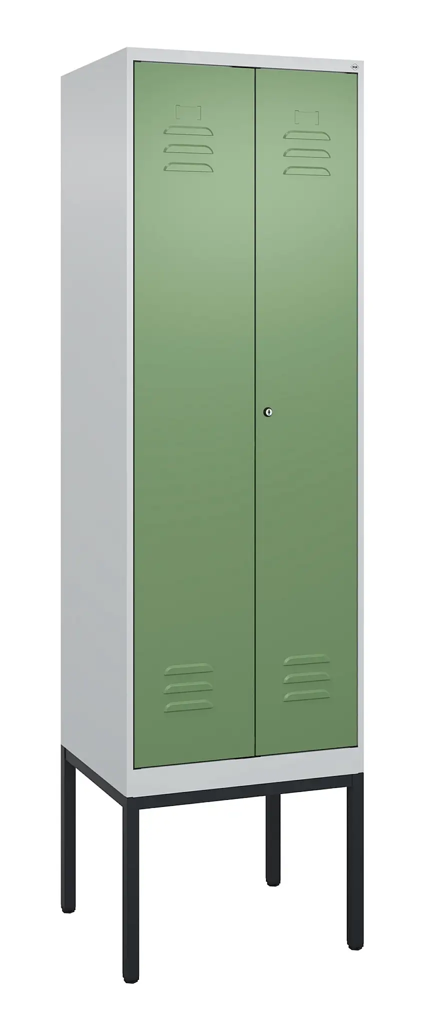 C+P Doppel-Spind Classic PLUS mit Gestell | 2 Abteile mit Trennwand im oberen Fach | HxBxT 212x60x50cm | Zylinderschloss | Stahl | Lichtgrau/Resedagrün