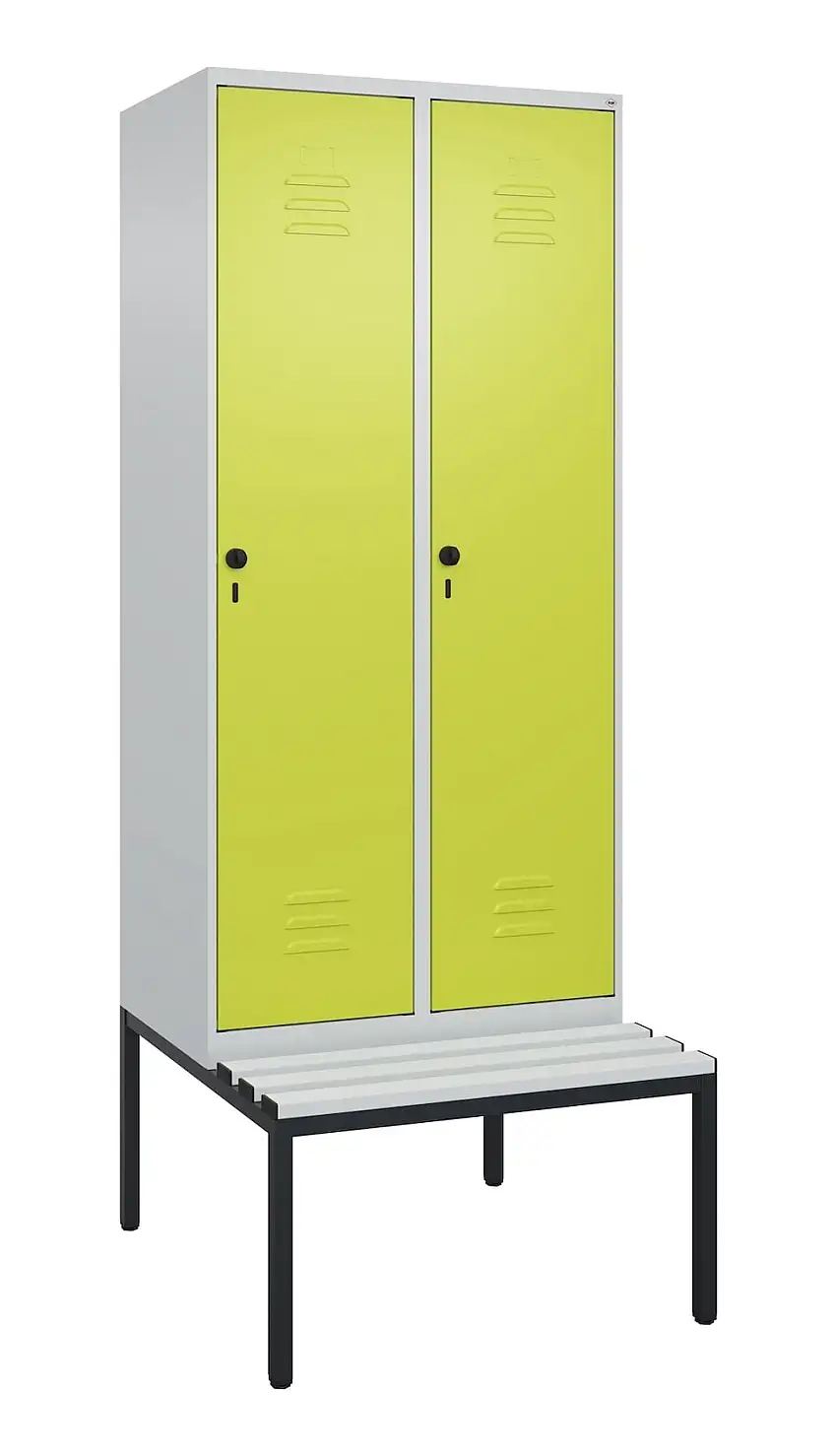 C+P Spind Classic PLUS mit untergebauter Sitzbank aus Kunststoff | 2 Abteile mit Mitteltrennwand | HxBxT 212x80x81,5cm | Sicherheits-Drehriegel | Stahl | Lichtgrau/Clowngrün