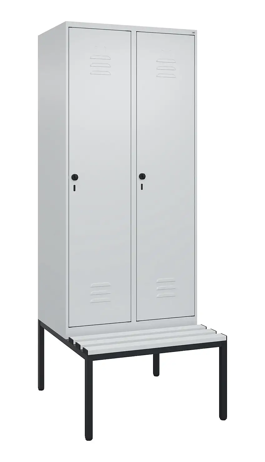 C+P Spind Classic PLUS mit untergebauter Sitzbank aus Kunststoff | 2 Abteile | HxBxT 212x80x81,5cm | Sicherheits-Drehriegel | Stahl | Lichtgrau/Lichtgrau