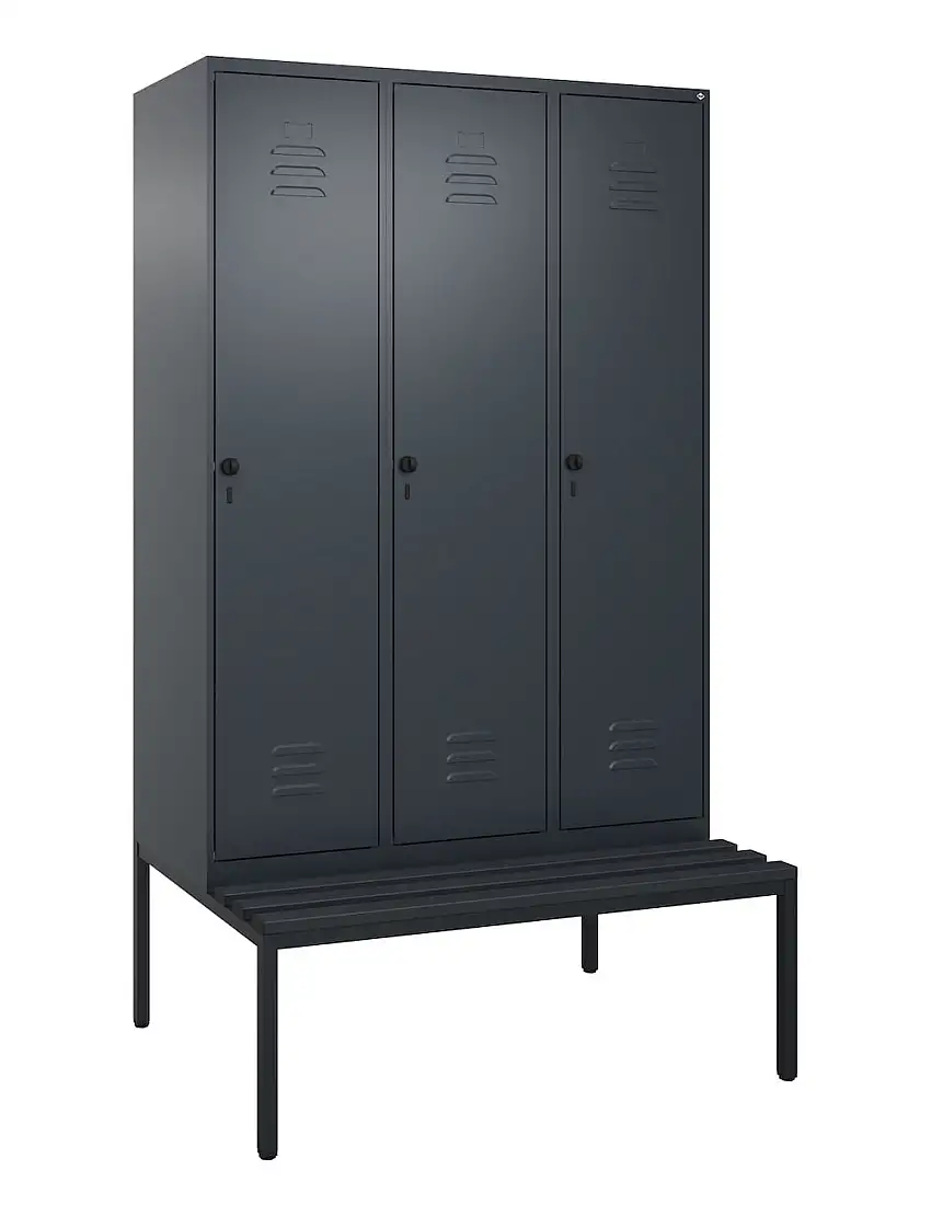 C+P Spind Classic PLUS mit untergebauter Sitzbank aus Kunststoff | 3 Abteile mit Mitteltrennwand | HxBxT 212x120x81,5cm | Sicherheits-Drehriegel | Stahl | Anthrazitgrau/Anthrazitgrau