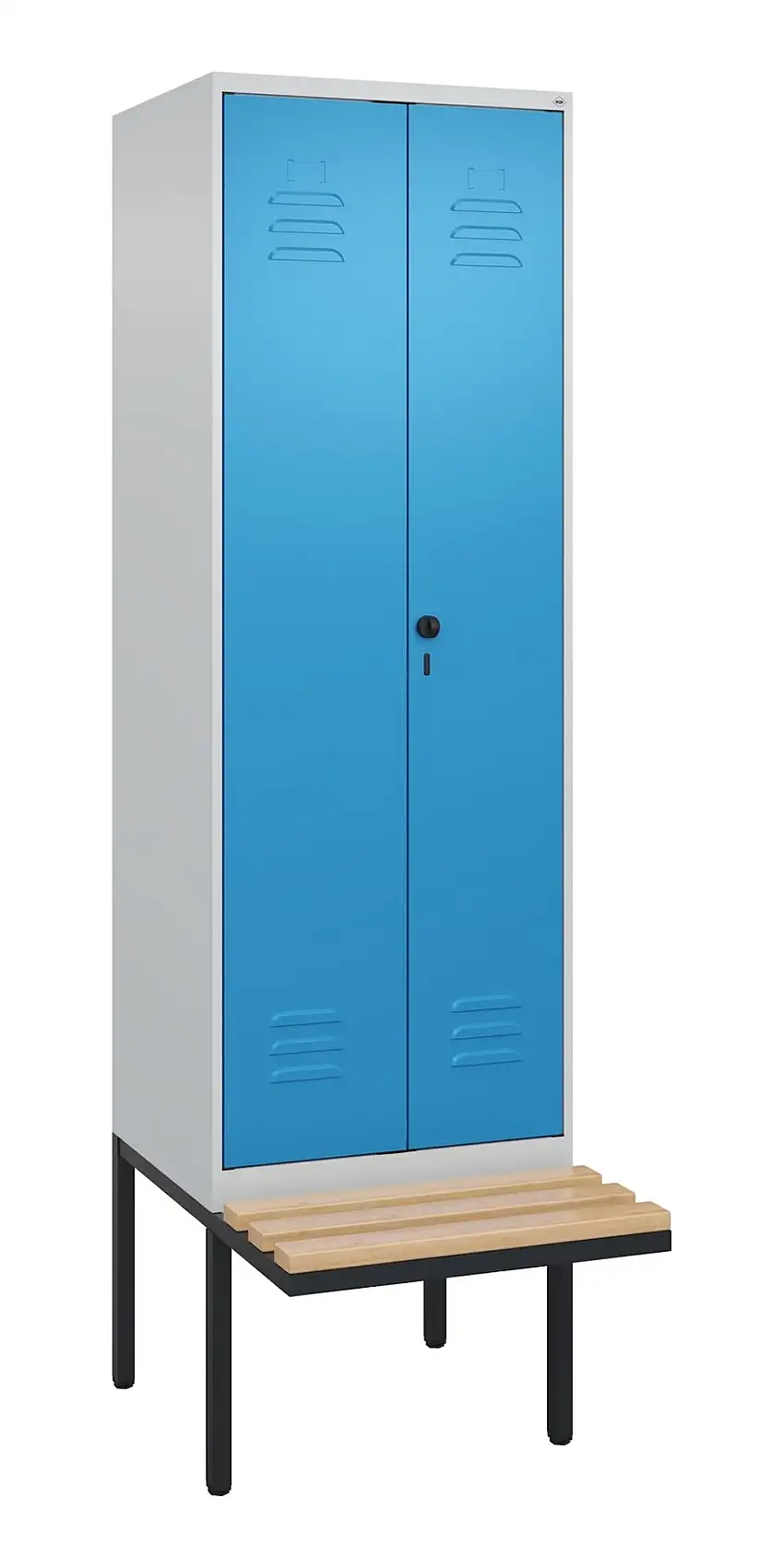 C+P Doppel-Spind Classic PLUS mit schwebender Sitzbank aus Buche-Hartholz | 2 Abteile mit Trennwand im oberen Fach | HxBxT 212x60x81,5cm | Sicherheits-Drehriegel | Stahl | Lichtgrau/Lichtblau
