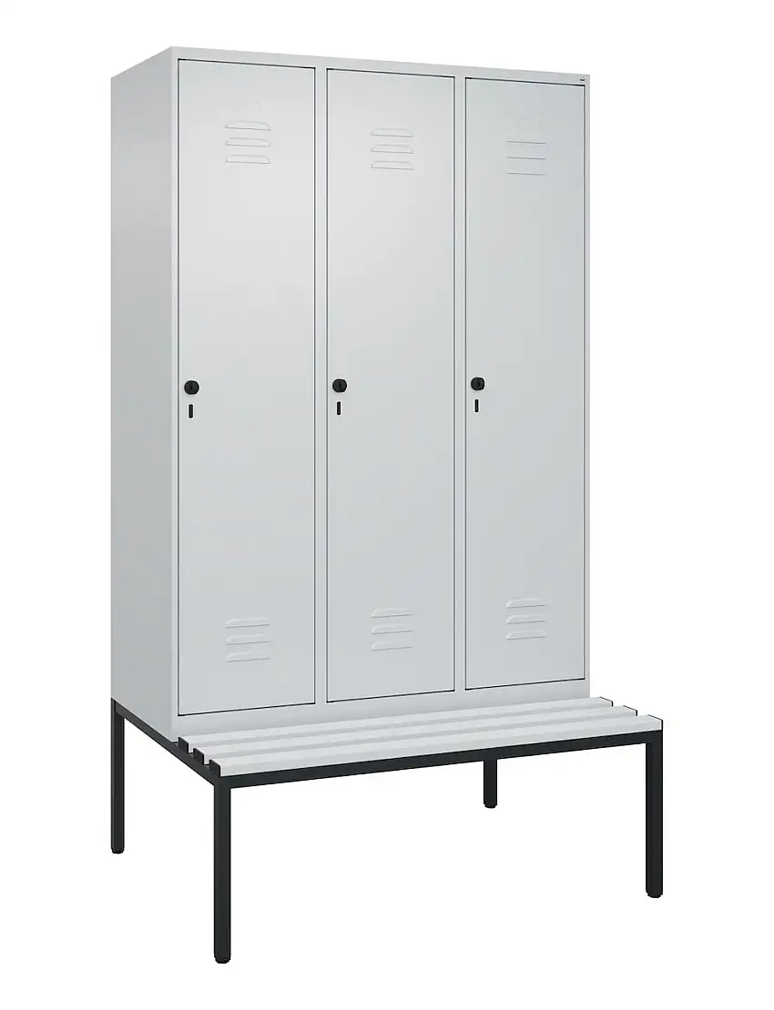 C+P Spind Classic PLUS mit untergebauter Sitzbank aus Kunststoff | 3 Abteile mit Mitteltrennwand | HxBxT 212x120x81,5cm | Sicherheits-Drehriegel | Stahl | Lichtgrau/Lichtgrau