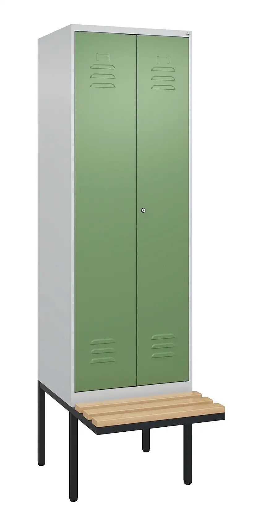 C+P Doppel-Spind Classic PLUS mit schwebender Sitzbank aus Buche-Hartholz | 2 Abteile | HxBxT 212x60x81,5cm | Zylinderschloss | Stahl | Lichtgrau/Resedagrün