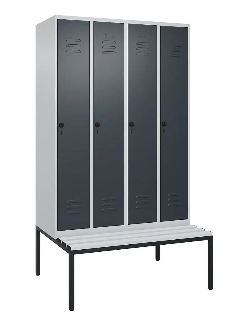 C+P Spind Classic PLUS mit untergebauter Sitzbank aus Kunststoff | 4 Abteile | HxBxT 212x120x81,5cm | Sicherheits-Drehriegel | Stahl | Lichtgrau/Anthrazitgrau