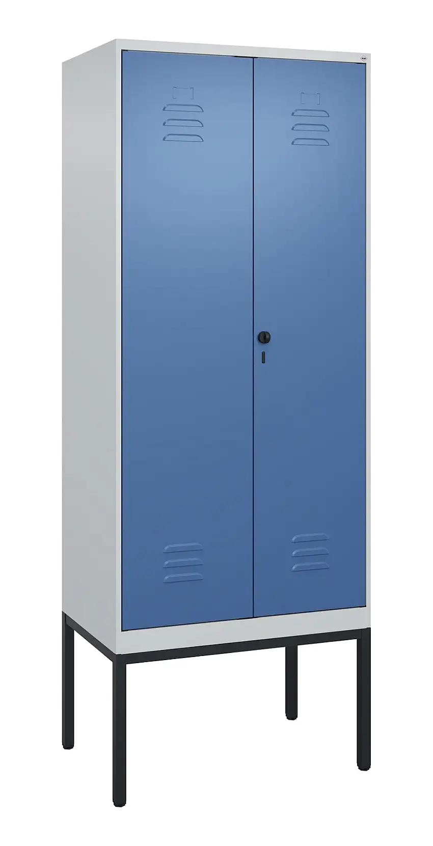 C+P Doppel-Spind Classic PLUS mit Gestell | 2 Abteile mit Trennwand im oberen Fach | HxBxT 212x80x50cm | Sicherheits-Drehriegel | Stahl | Lichtgrau/Fernblau