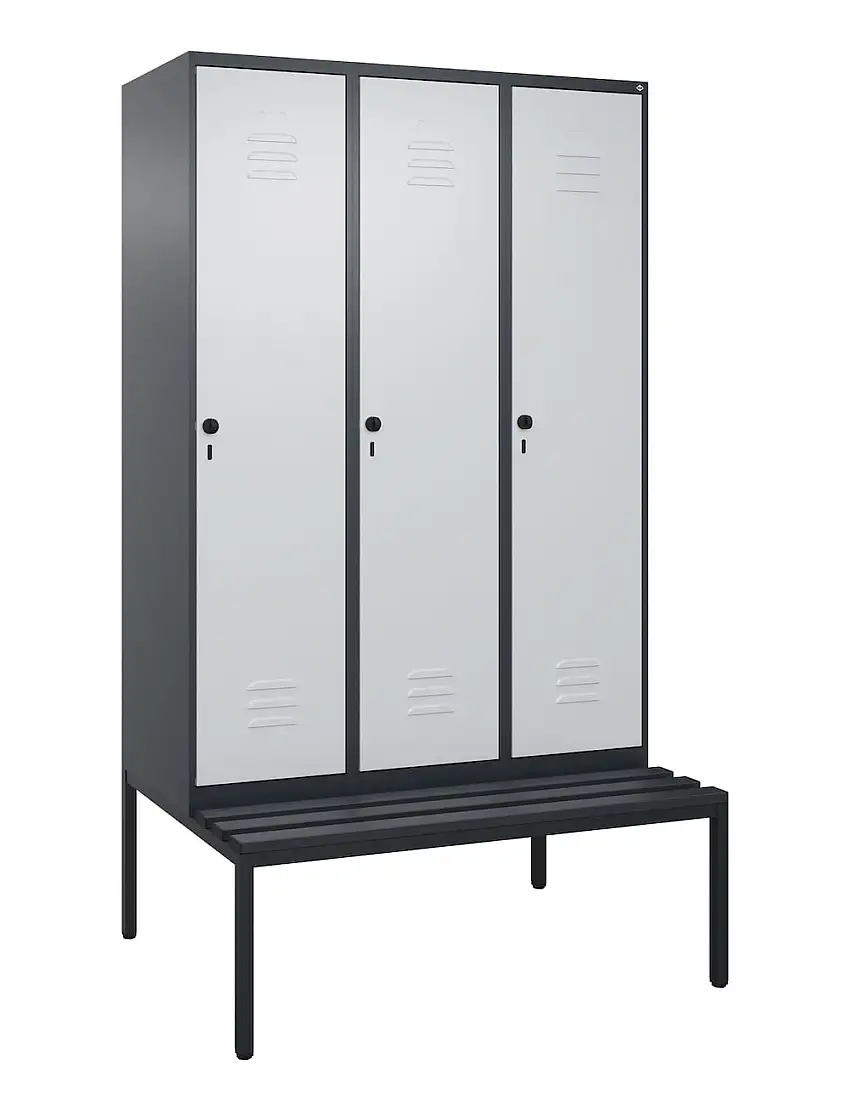 C+P Spind Classic PLUS mit untergebauter Sitzbank aus Kunststoff | 3 Abteile | HxBxT 212x120x81,5cm | Sicherheits-Drehriegel | Stahl | Anthrazitgrau/Lichtgrau