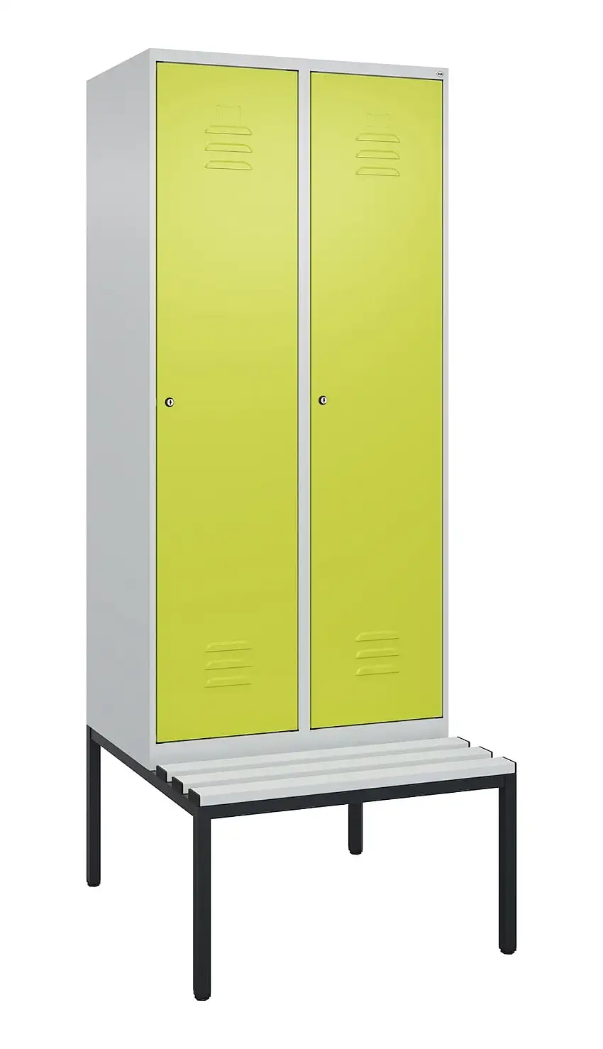C+P Spind Classic PLUS mit untergebauter Sitzbank aus Kunststoff | 2 Abteile mit Mitteltrennwand | HxBxT 212x80x81,5cm | Zylinderschloss | Stahl | Lichtgrau/Clowngrün