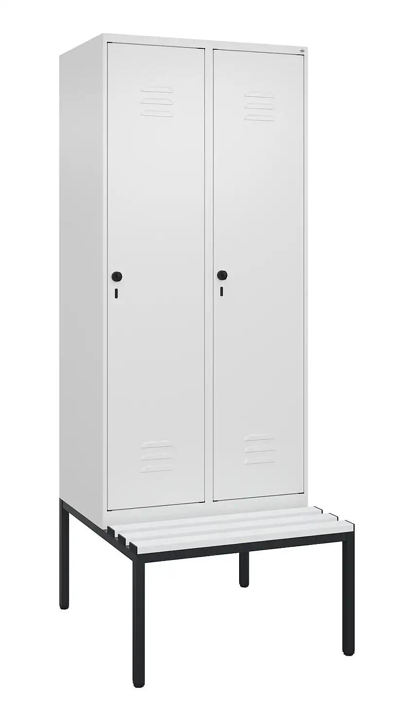 C+P Spind Classic PLUS mit untergebauter Sitzbank aus Kunststoff | 2 Abteile | HxBxT 212x80x81,5cm | Sicherheits-Drehriegel | Stahl | Verkehrsweiß/Verkehrsweiß