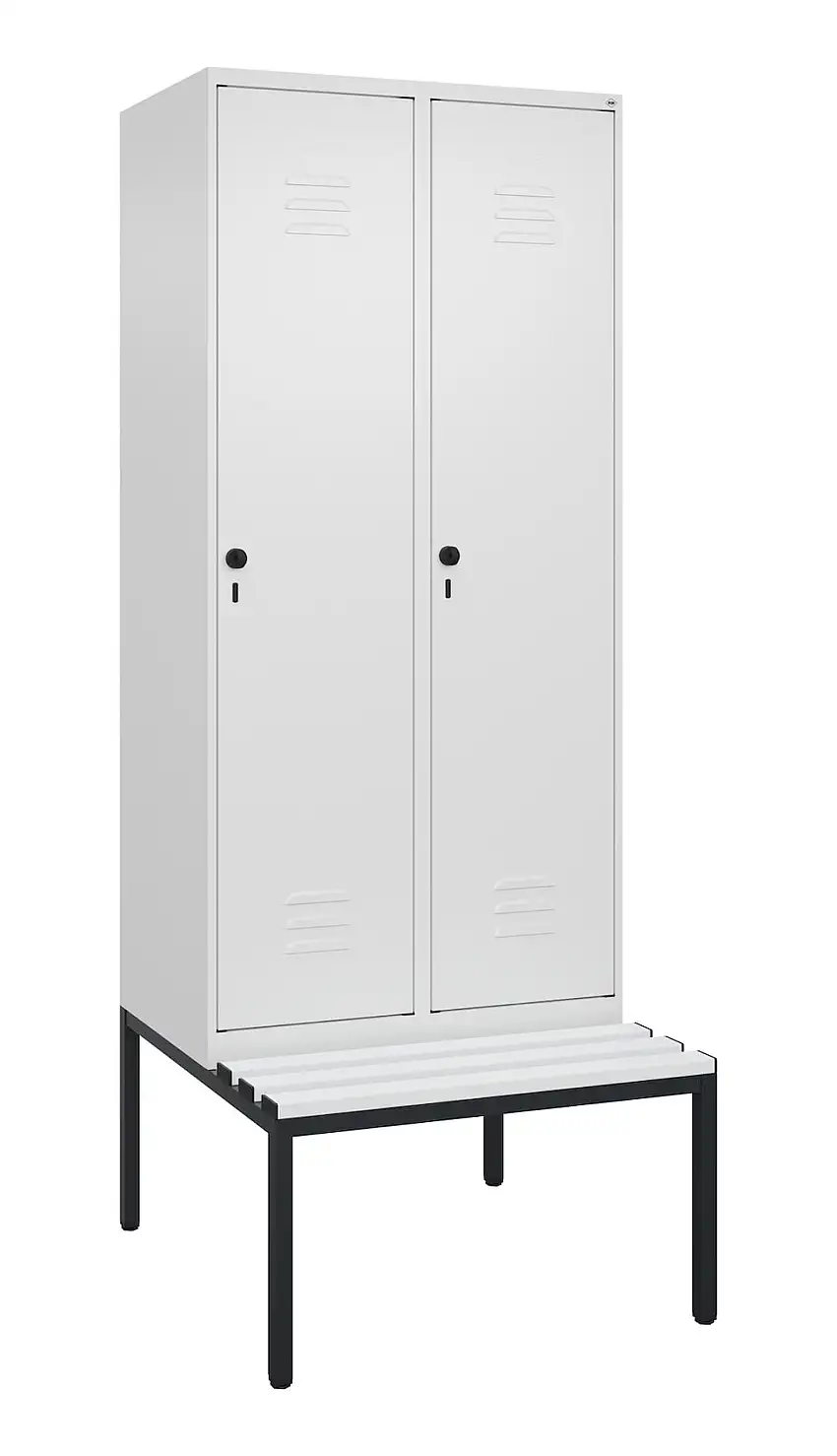 C+P Spind Classic PLUS mit untergebauter Sitzbank aus Kunststoff | 2 Abteile mit Mitteltrennwand | HxBxT 212x80x81,5cm | Sicherheits-Drehriegel | Stahl | Verkehrsweiß/Verkehrsweiß