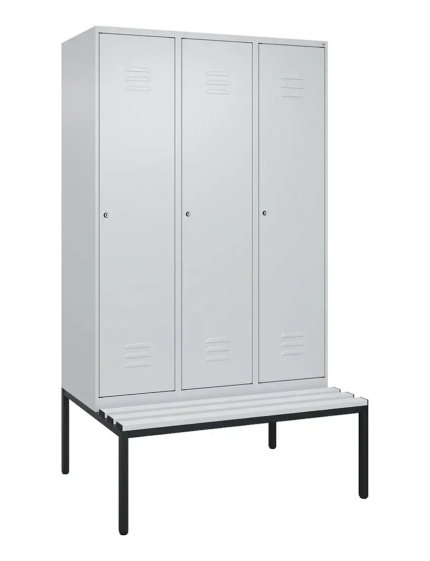C+P Spind Classic PLUS mit untergebauter Sitzbank aus Kunststoff | 3 Abteile | HxBxT 212x120x81,5cm | Zylinderschloss | Stahl | Lichtgrau/Lichtgrau