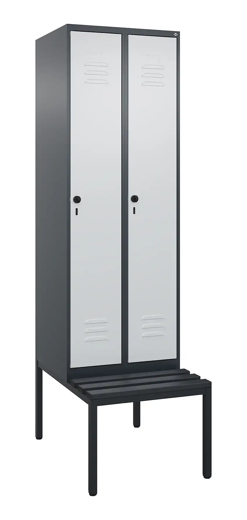 C+P Spind Classic PLUS mit untergebauter Sitzbank aus Kunststoff | 2 Abteile mit Mitteltrennwand | HxBxT 212x60x81,5cm | Sicherheits-Drehriegel | Stahl | Anthrazitgrau/Lichtgrau