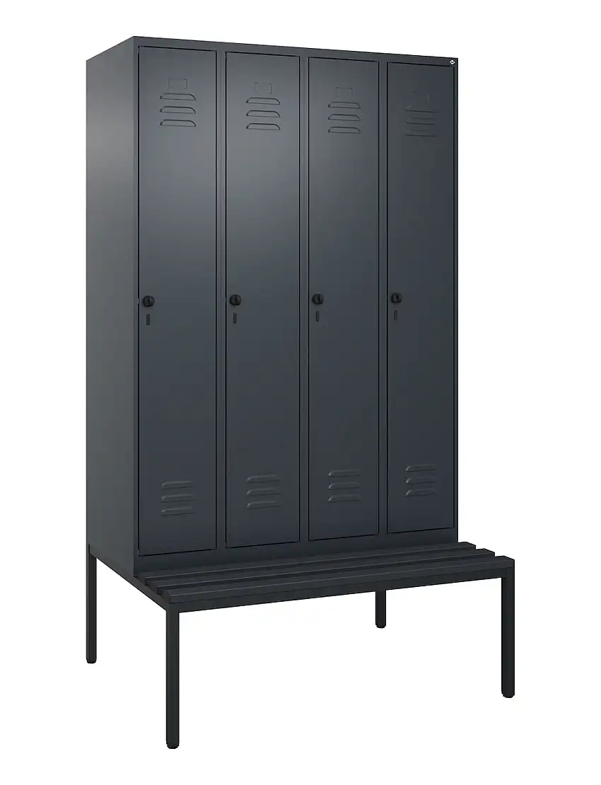 C+P Spind Classic PLUS mit untergebauter Sitzbank aus Kunststoff | 4 Abteile mit Mitteltrennwand | HxBxT 212x120x81,5cm | Sicherheits-Drehriegel | Stahl | Anthrazitgrau/Anthrazitgrau