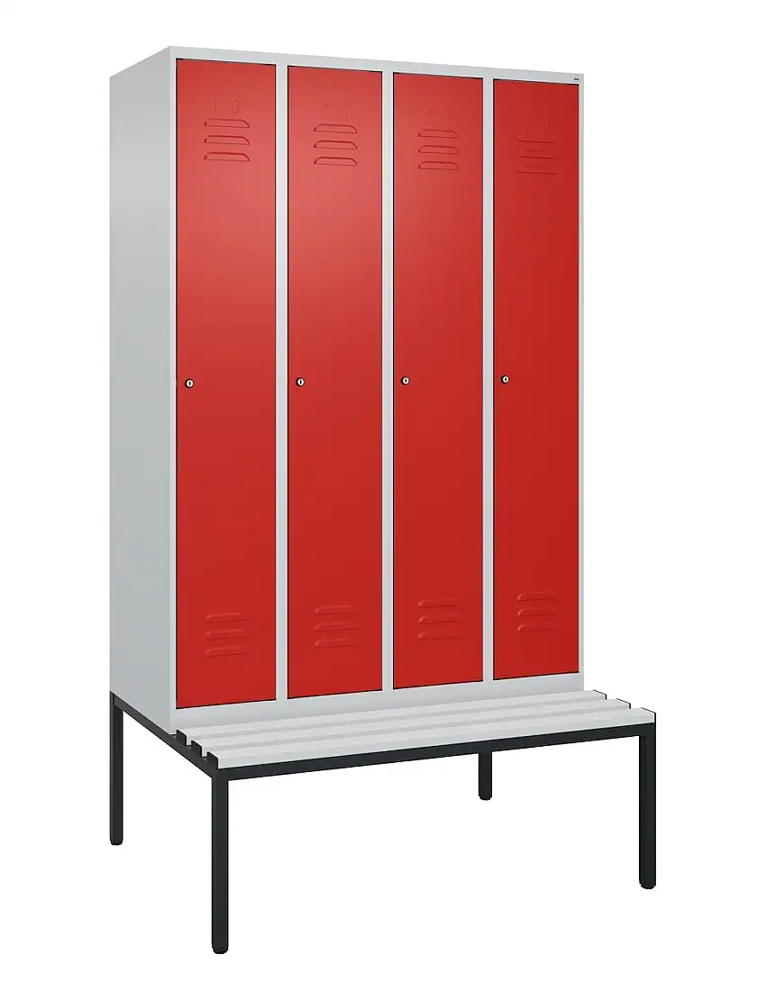 C+P Spind Classic PLUS mit untergebauter Sitzbank aus Kunststoff | 4 Abteile mit Mitteltrennwand | HxBxT 212x120x81,5cm | Zylinderschloss | Stahl | Lichtgrau/Verkehrsrot