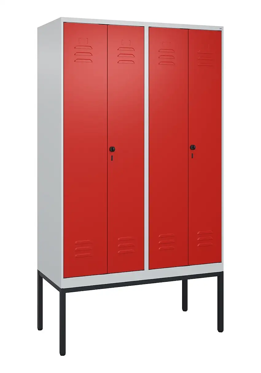 C+P Doppel-Spind Classic PLUS mit Gestell | 4 Abteile mit Trennwand im oberen Fach | HxBxT 212x120x50cm | Sicherheits-Drehriegel | Stahl | Lichtgrau/Verkehrsrot