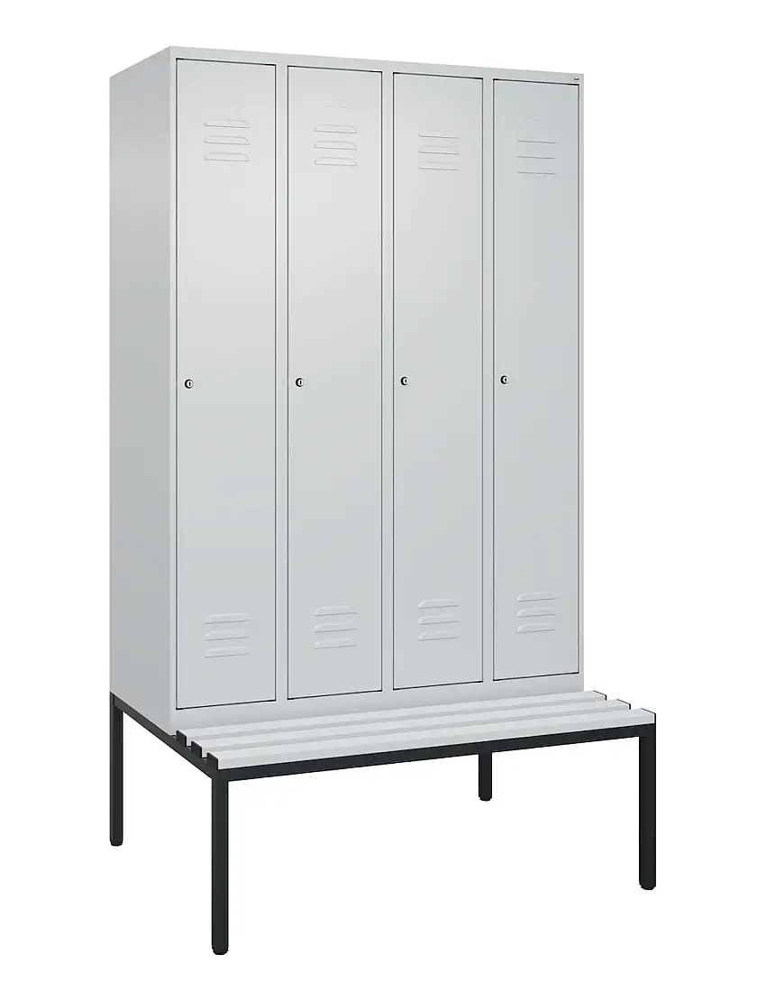 C+P Spind Classic PLUS mit untergebauter Sitzbank aus Kunststoff | 4 Abteile mit Mitteltrennwand | HxBxT 212x120x81,5cm | Zylinderschloss | Stahl | Lichtgrau/Lichtgrau