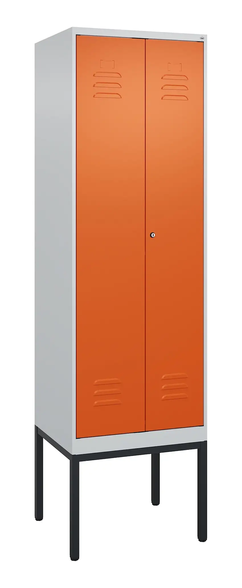 C+P Doppel-Spind Classic PLUS mit Gestell | 2 Abteile mit Trennwand im oberen Fach | HxBxT 212x60x50cm | Zylinderschloss | Stahl | Lichtgrau/Reinorange