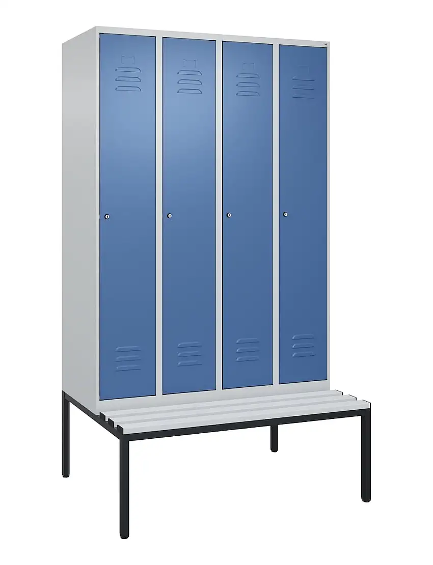 C+P Spind Classic PLUS mit untergebauter Sitzbank aus Kunststoff | 4 Abteile mit Mitteltrennwand | HxBxT 212x120x81,5cm | Zylinderschloss | Stahl | Lichtgrau/Fernblau