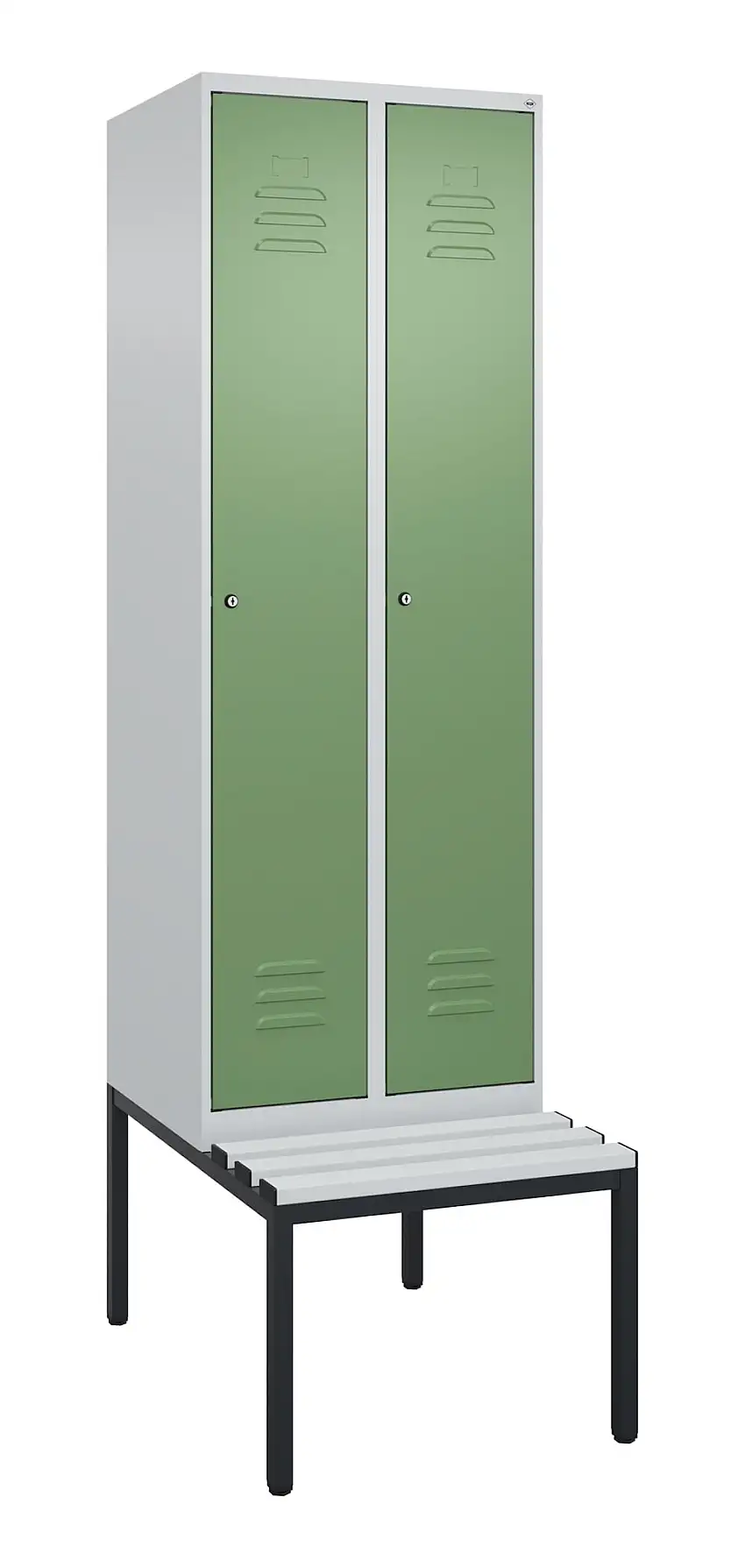 C+P Spind Classic PLUS mit untergebauter Sitzbank aus Kunststoff | 2 Abteile mit Mitteltrennwand | HxBxT 212x60x81,5cm | Zylinderschloss | Stahl | Lichtgrau/Resedagrün